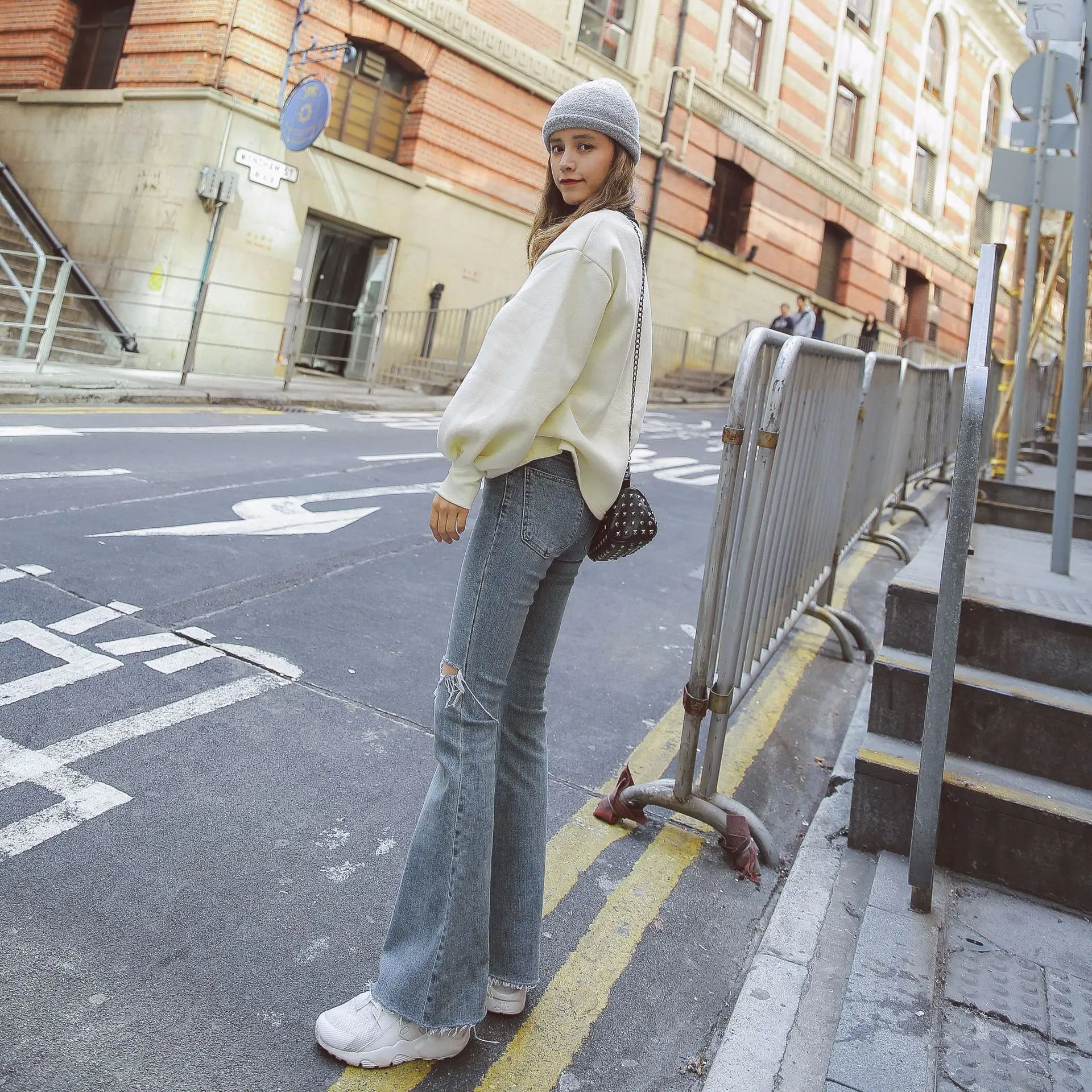 Stretch Office Lady Wide Leg Womens Flare Jeans Casual Bleached Hole High Waisted Flared Denim Jeans Destroyed Jeans Feminino