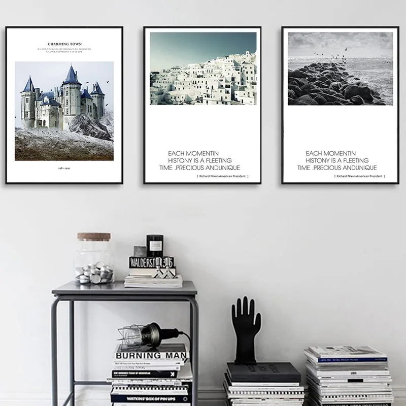 European Building Landscape Seaside Charming Town Free Seagull Waves Beach Canvas Painting Art Poster Living Room Decor | Дом и сад