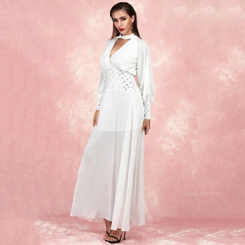 

2019 New White Luxury Sequined Celebrity Evening Runway Party Dress Sexy V Neck Long Sleeve Lace Bodycon Club Dress wholesale