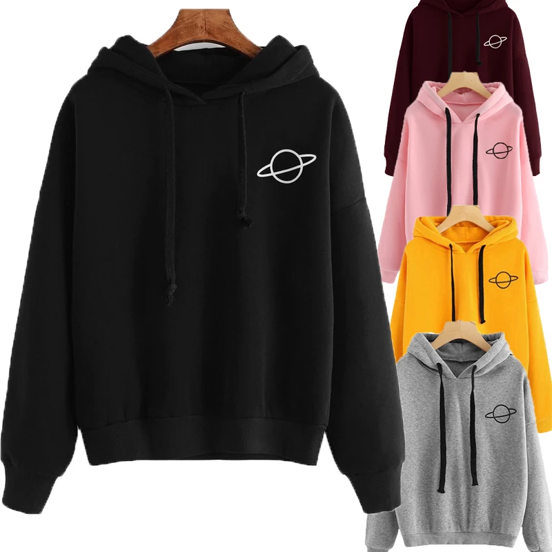 Long Sleeve Hooded 2020 Autumn Female Pullover Women Hoodies Casual Kpop Planet Print Solid Loose Drawstring Sweatshirt