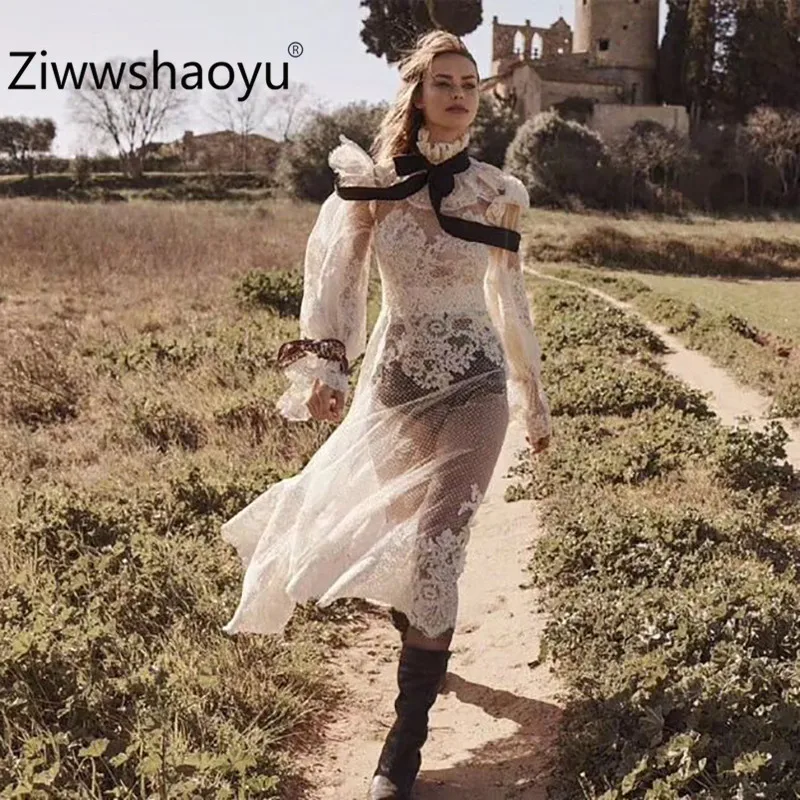 Ziwwshaoyu Подиум дизайнер осень Бохо женские длинные платья с длинным рукавом Кружева аппликация создание сетки платья для вечеринок