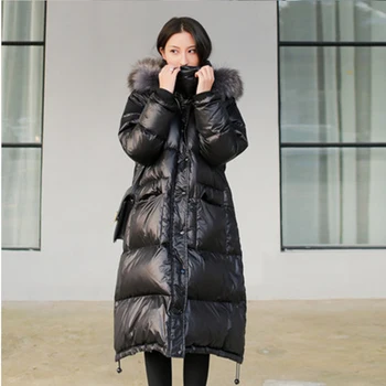 

Down Jacket Women's Long Coat Winter Female Fur Collar Casual 2020 New Fashion Thick Loose Outerwear Windproof Glossy Warm Coat