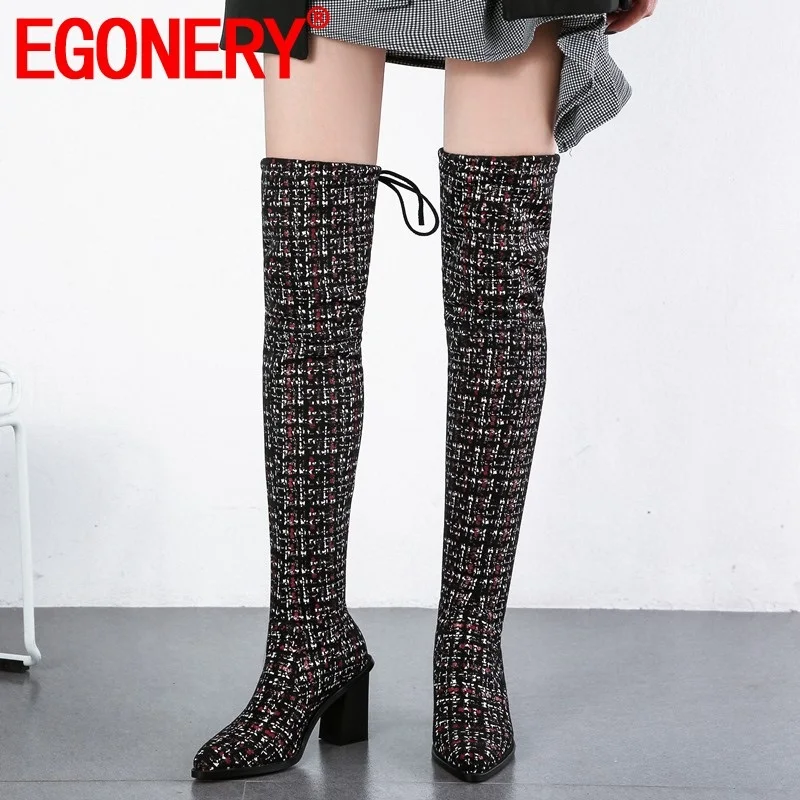 

EGONERY winter new fashion sexy over knee boots outside super high heels cross-tied pointed toe party women shoes drop shipping