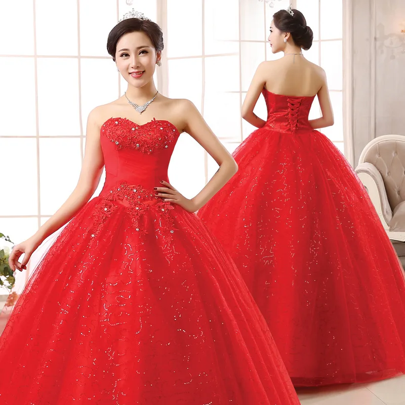 Popodion plus size wedding gowns red wedding dress flower strapless bride dress WED90545