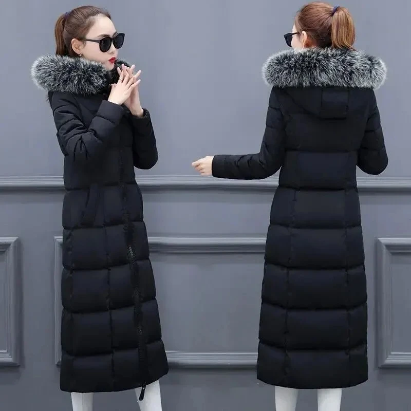 Women 2021 New Winter Down Big Cotton Fur Collar Jacket Female Long Section Over The Knee Thickening Slim Warm Cotton JacketA120