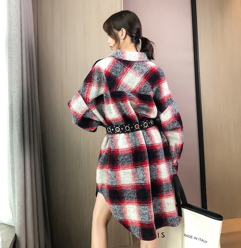19 Autumn And Winter Loose-Fit Oversized Vintage Tweed Pattern Wool Coat Shirt Long Woolen Coat Women's