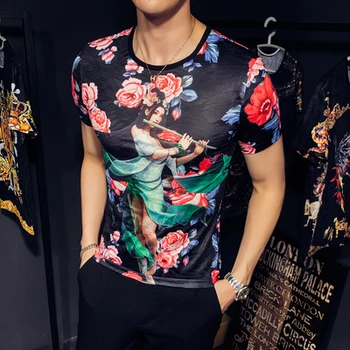 

2020 summer new men's short-sleeved T-shirt social youth nightclub personality pattern printing slim net red bottoming shirt