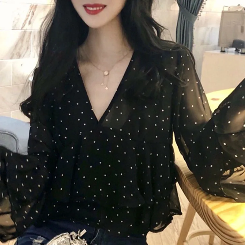 Blouses Women V-Neck Sexy Party Simple All-match Flare Sleeve Tops Womens Casual Short Style Polka Dot Elegant Shirts Ruffles white long sleeve top