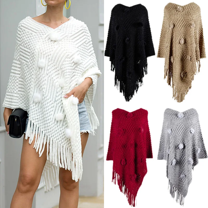 

Women Sweater Hairball Knitted Autumn Winter Shawls Ladies White Pullover Knitted Shawl Outwear Cape Poncho Shawl Fashion