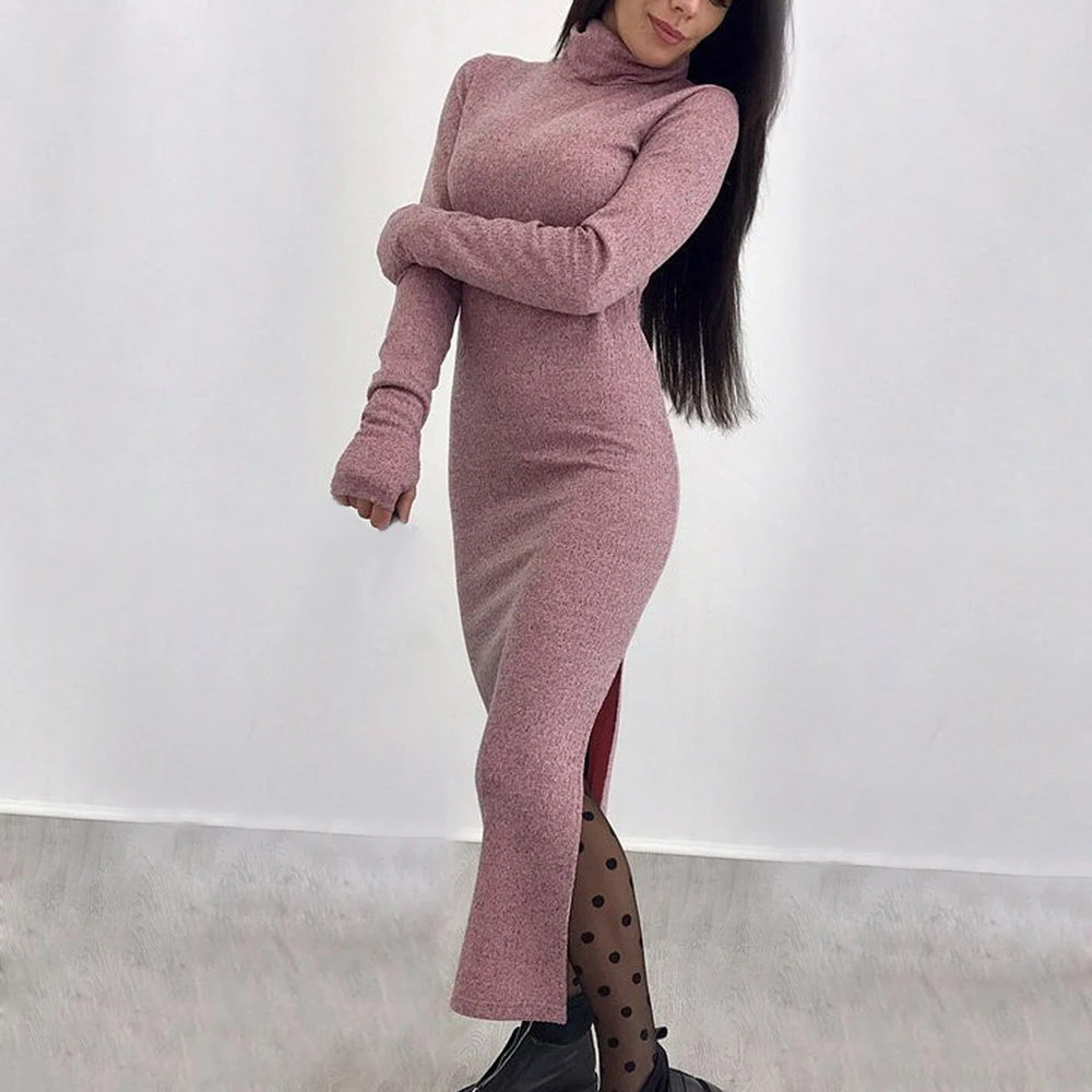 

LASPERAL Women's Knitted Sweater Dress Sexy Split Long Sleeve Autumn Winter Slim Solid Turtleneck Maxi Dress Bodycon Long Dress