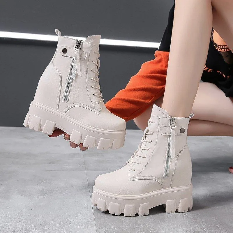 

New Women Motorcycle Ankle Boots Wedges Female Lace Up Platforms Winter Black Leather Oxford Shoes Woman 2021 Botas Mujer 35-39