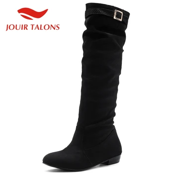

JOUIR TALONS Stretch Fabric Slip-On Round Toe Knee High Boots Elegant Buckle Straps Pleated Flat with Short Plush Women shoes