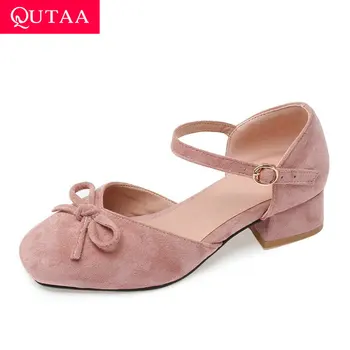 

QUTAA 2020 Flock Butterfly-Knot Square Toe Spring Summer Ladies Pumps Fashion Square Heel Hollow Buckle Women Shoes Size 34-43