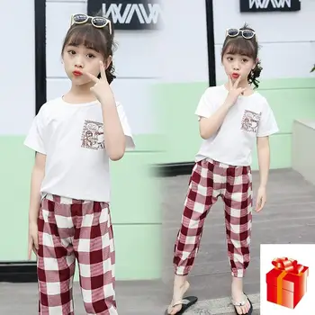 

Kids Girls Summer Clothing Suit 2020 New Short-sleeve + Plaid Pants Sports Suit Breathable Thin Two-piece Suit 3 5 7 9 11 12 Y
