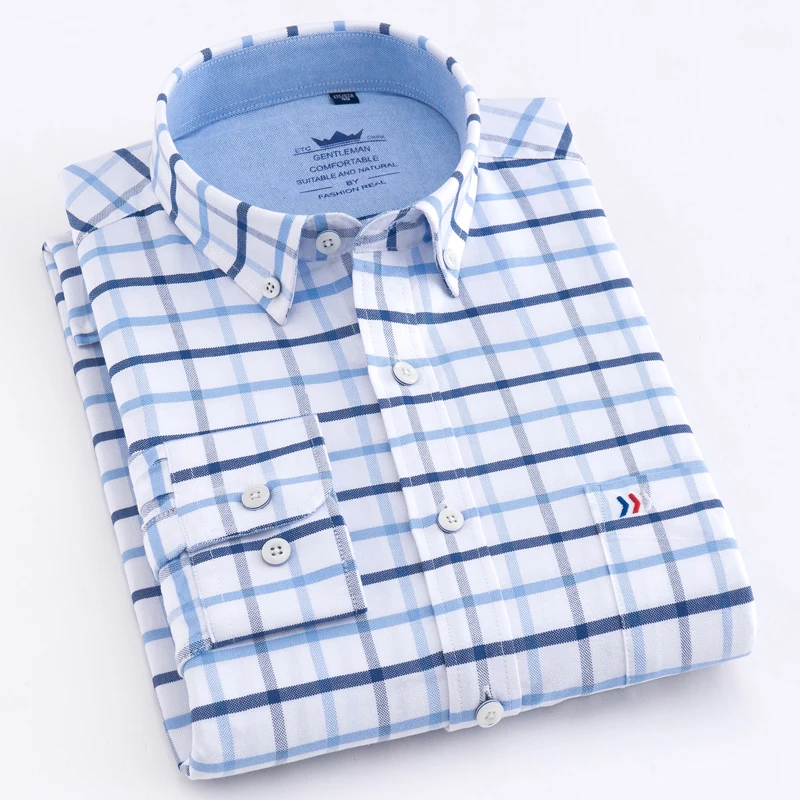 Checkered Shirt Long-Sleeve Oxford Plaid Thick-Button-Down Casual Mens 100%Cotton Front