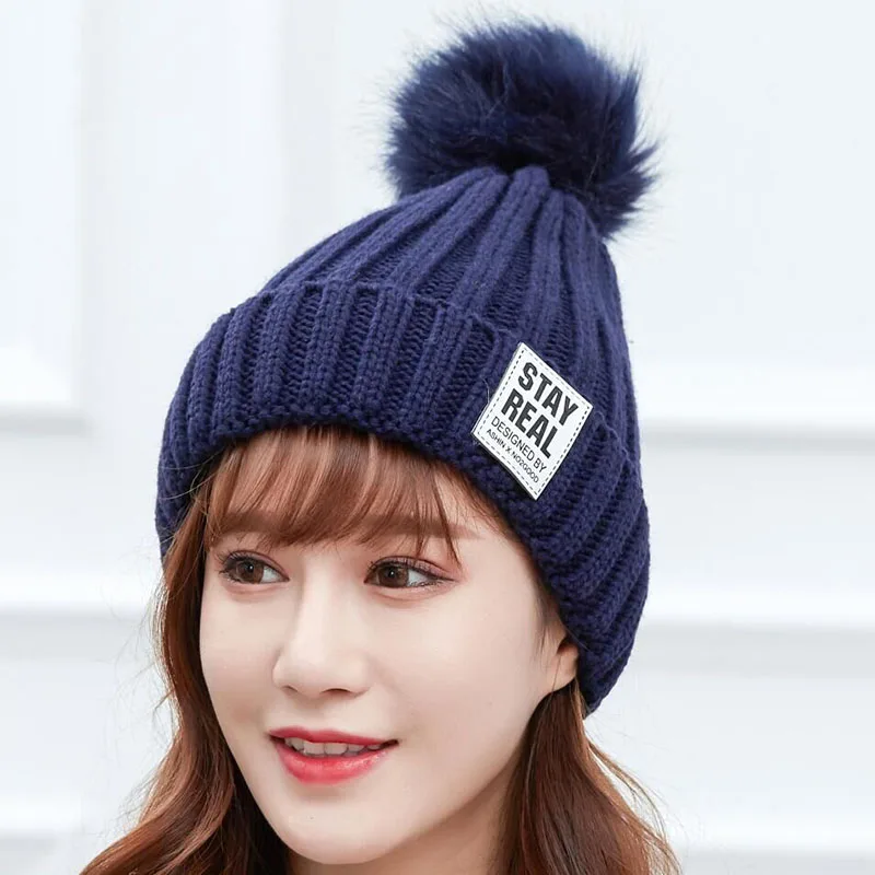 SUOGRY зимняя вязаная шапка женская меховая шапка с помпоном skullies Beanies cap s lmitation шапочка с помпоном шапки для женщин Женский головной убор из плотной ткани