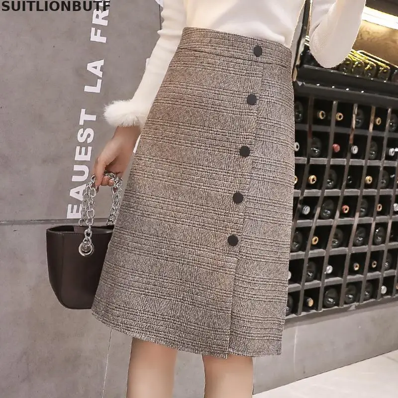 2xl шерстяная юбка в стиле хип-хоп, однобортная юбка с высокой талией, осенне-зимняя женская одежда, Корейская тонкая клетчатая юбка, suitlionbuff