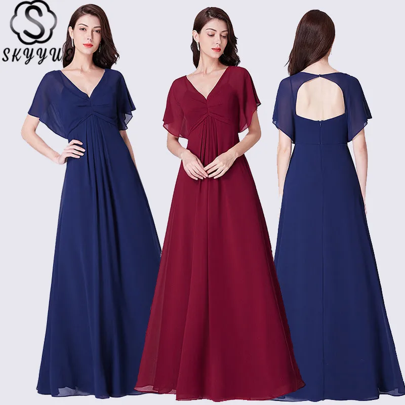 Skyyue Bridesmaid Dress Sexy V-Neck Women Party for Girl Plus Size Hollow Short Sleeve Long Robe Demoiselle D Honneur C488