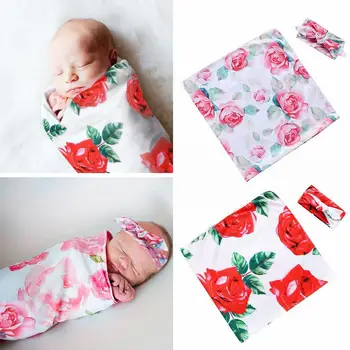 

2pcs Newborn Baby Swaddle Blanket with Headband Bow Flowers Floral Sleeping Bag Newborn Photography Wrap