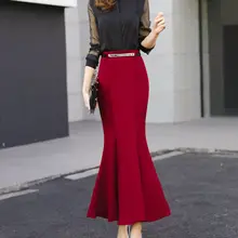 Винтажная Женская длинная юбка в стиле ретро, юбка русалки с рюшами и рыбий хвост, модная женская облегающая юбка с высокой талией, вечерние одноцветные юбки