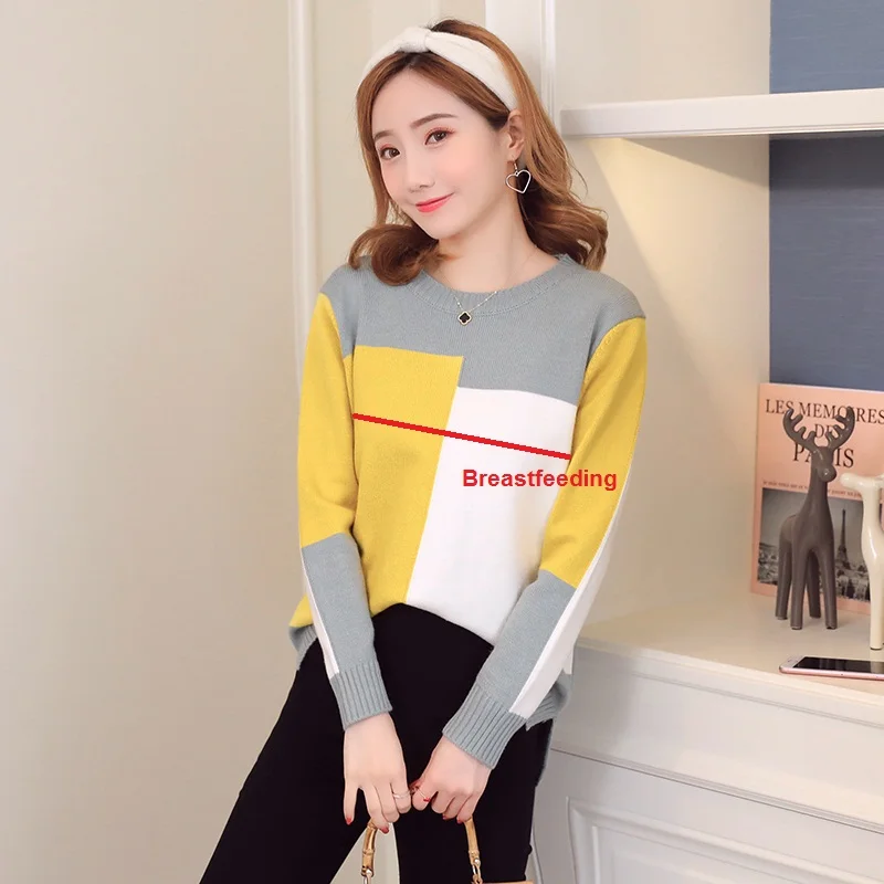 Breastfeeding Maternity Sweater Autumn Winter Knitting Nursing Tops for Pregnant Women Tee Color Matching Pregnancy Sweater - Цвет: Зеленый