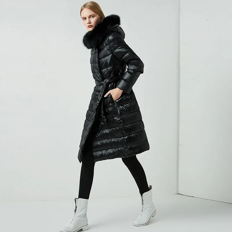 Длинная женская куртка-пуховик на утином пуху, Зимняя коллекция, верхняя одежда, пальто, элегантное меховое пальто с капюшоном, Толстая теплая зимняя парка, женская пуховая верхняя одежда