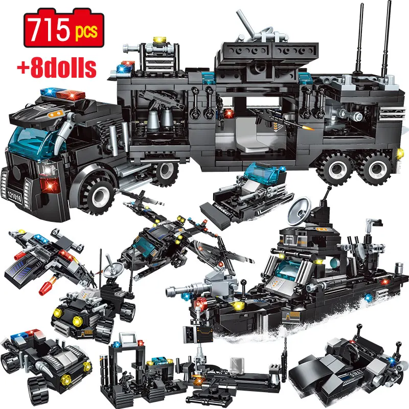 715pcs City Police Station Building Blocks Compatible Legoingly City SWAT Team Truck Blocks Educational Toy For Boys Children