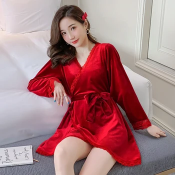 

Women Pajamas Set Nightgown Long Sleeved Satin Sleepwear Sexy Robe Nightdress for Ladies Sleep Clothing Velvet Silk Sleepwear
