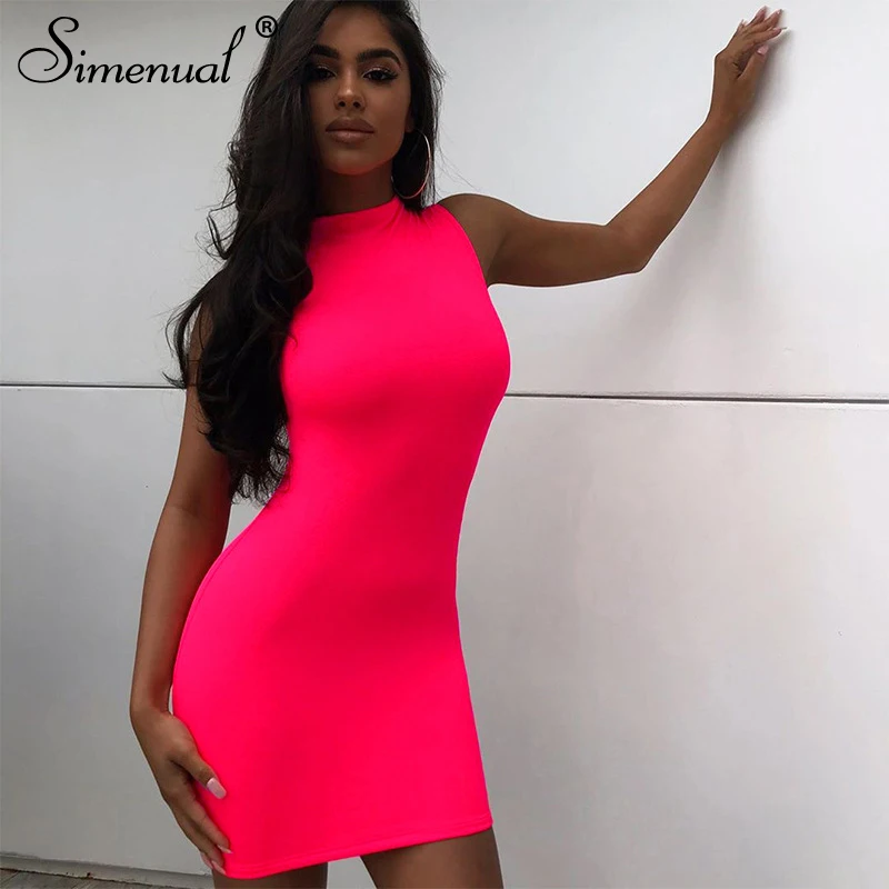 

Simenual Neon Pink Sleeveless Women Mini Dress Bodycon Sexy Fashion Party Clubwear Skinny Solid Slim Basic 2019 Hot Dresses New