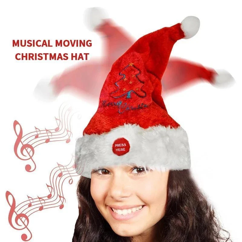 New Arrival Electric Santa Hat Music Swing Cartoon Red Plush Hat Christmas Party Cap