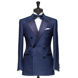 Double Breasted Men Suits Slim Fit Peaked Lapel Navy Blue Groom Tuxedos for Wedding 2 Piece Male Fashion Jacket with Pants