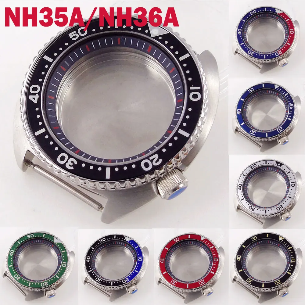 

45mm Sapphire Watch Case For NH35/NH36 Movement Black Chapter Ring Rotating Bezel Aluminum Insert Brushed Case Screw In Crown