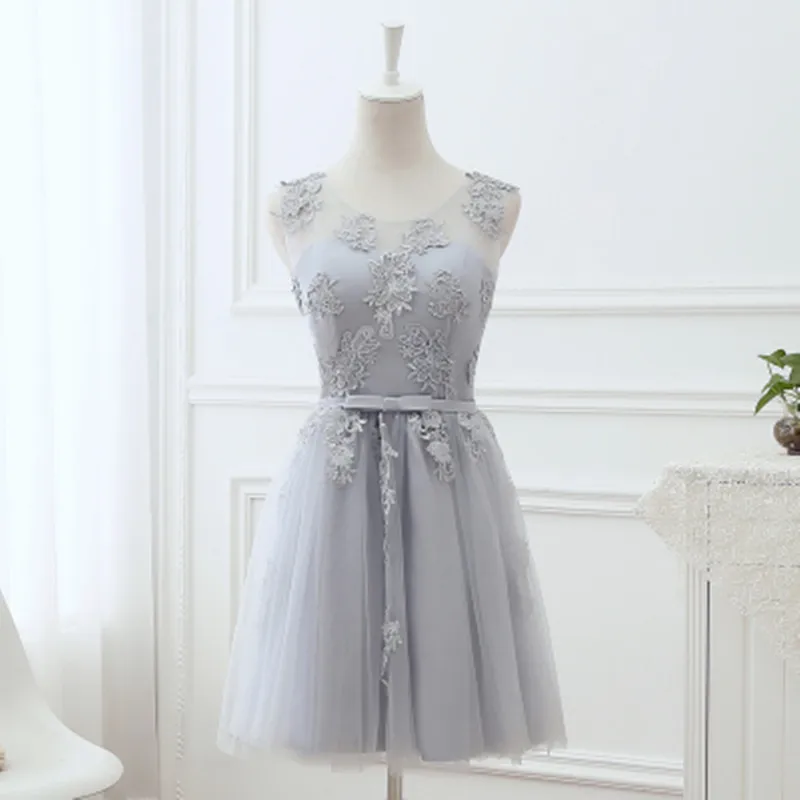 Длинные розовые платья подружки невесты с кружевной аппликацией; Robe De Soiree; Тюлевое платье для свадебной вечеринки; Цвет Небесно-Голубой, шампань, серый; Vestidos De Festa - Цвет: Grey short dress