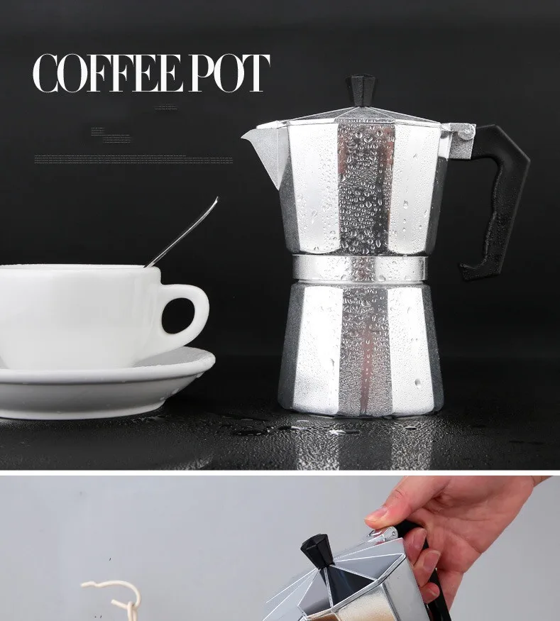 Кофеварка из алюминия Mocha эспрессо, Кофеварка, гейзерная кофеварка, 1cup/2cup/3cup/6cup/9cup/12cup кофеварка для приготовления кофе на плите