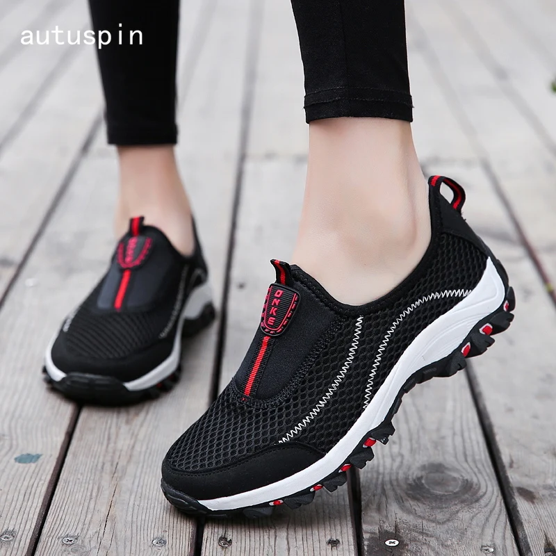 Autuspin/дышащие кроссовки без шнуровки; Женская Легкая трикотажная обувь из сетчатого материала; женские кроссовки для бега; недорогие
