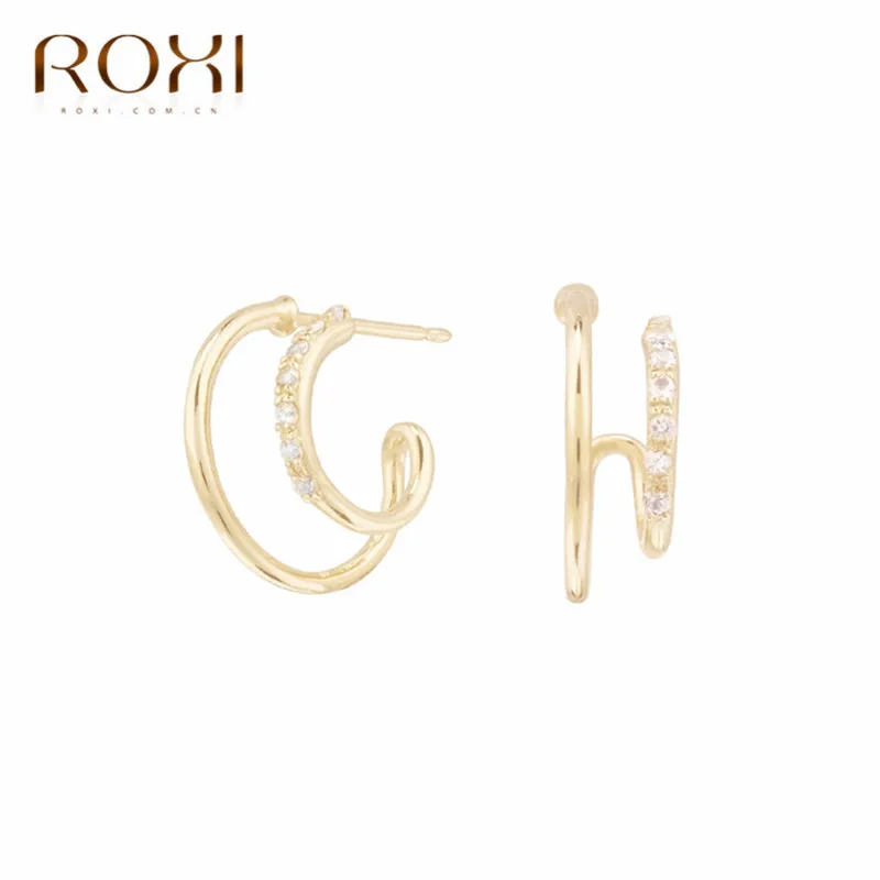 ROXI 925 пробы, серебряные серьги-гвоздики с кристаллами, сверкающие двухрядные циркониевые серьги для женщин, свадебные ювелирные изделия, двухслойные серьги