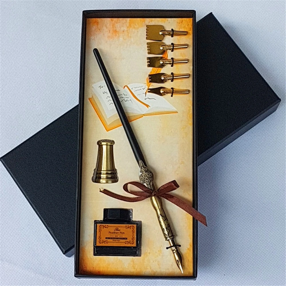 

2020 European Retro Dip Pen Vintage Wooden Holder Metal Pen Ink Pen Gift Box For Birthday Gift Party Favors Graducate Souvenirs