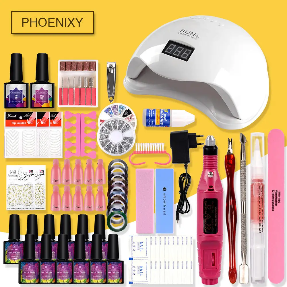 Маникюрного набора на выбор, 6/8/10/12/20 Цвета Гель-лак для ногтей, база, верх, покрытие для ногтей комплект машинка для стрижки 48 Вт УФ светодиодная лампа для маникюра и ручка ногтей, для маникюра