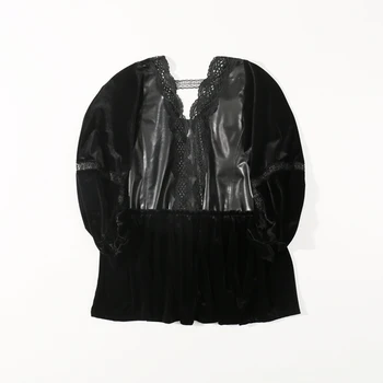 

Silk velvet cropped sleeves shirt female loose large size bat sleeve v-neck lace bottoming shirt women jacket women