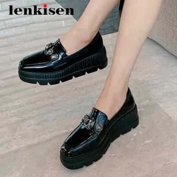 

Lenkisen british school full grain leather crystal decorations thick bottom wedges square toe high heel slip on women pumps L5f4