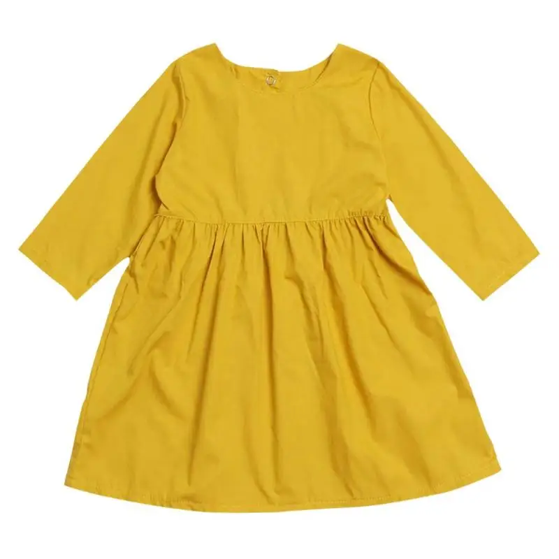 

Fashion Children Girl Party Dress Spring Autumn Long-Sleeves Polyester Fiber Leisure Sweet Yellow Clothes Pure Color
