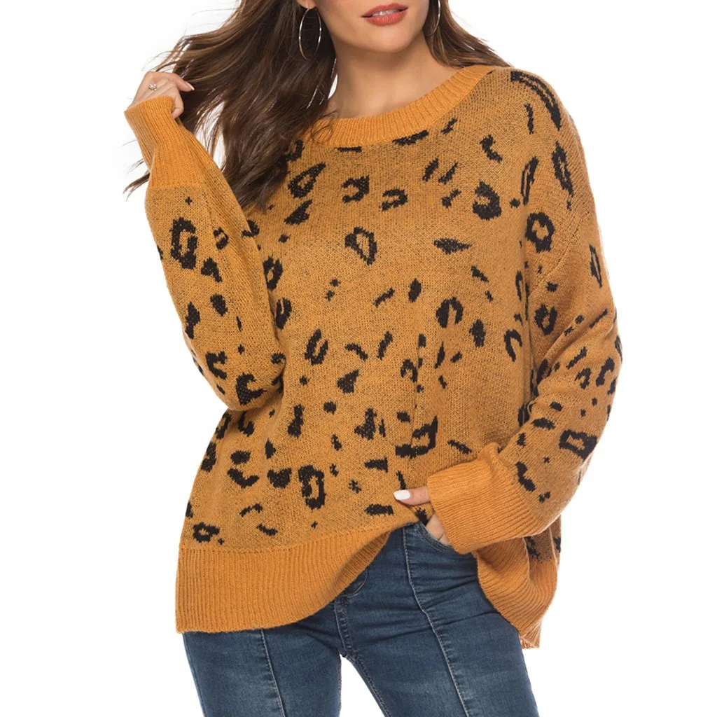 Длинные свитера, уличная одежда для женщин, большой размер, леопардовая расцветка, длинный рукав, вязаный свитер, блузка, топы, новинка, хит, весенний, осенний свитер