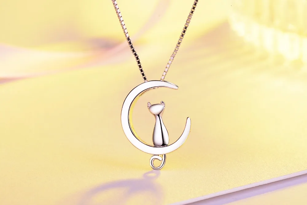 925 sterling silver necklace women moon kitten cat necklaces & pendants link chain Kolye S-n187 pendant necklace,silver necklace,silver pendant,silver necklace charms