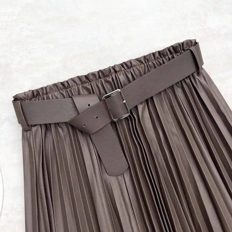 Neophil Women PU Faux Leather Runched Belt Skirts Paperbag Bud Waist Wavy Pleated Latex Crinkle Female Winter Long Skirt S21803
