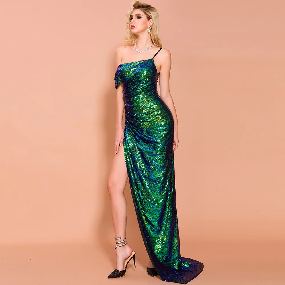 Зеленый сексуальный одно плечо Холтер блесток Trumpetmermaid Bodycon банкет Длинное Макси платье размера плюс S-XL