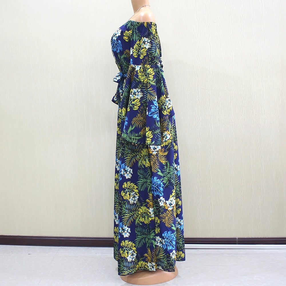 Новейшее Африканское модное платье с открытыми плечами голубого цвета с рисунком пальмовых листьев для женщин