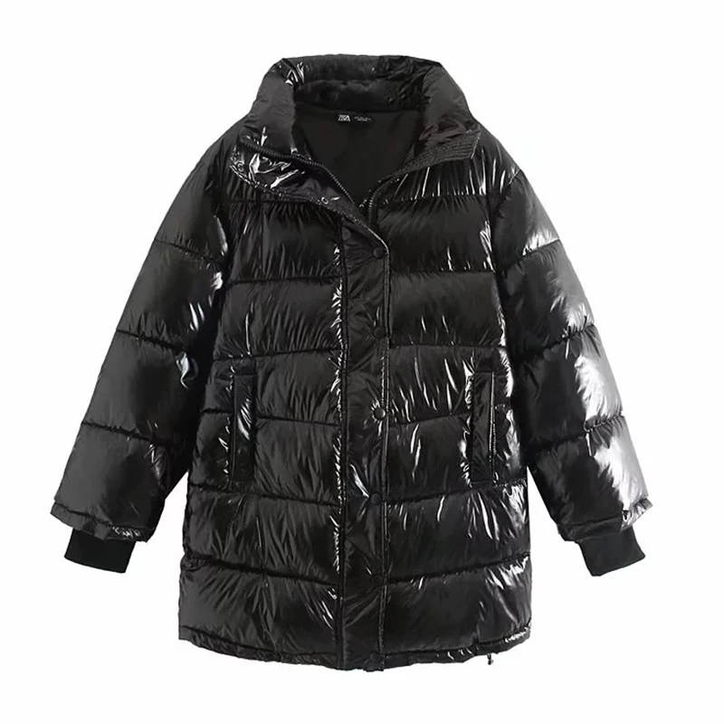 Зимнее пальто, длинный пуховик, женская черная глянцевая женская зимняя куртка, Толстая Женская парка, теплые хлопковые куртки, женское водонепроницаемое пальто - Цвет: Черный