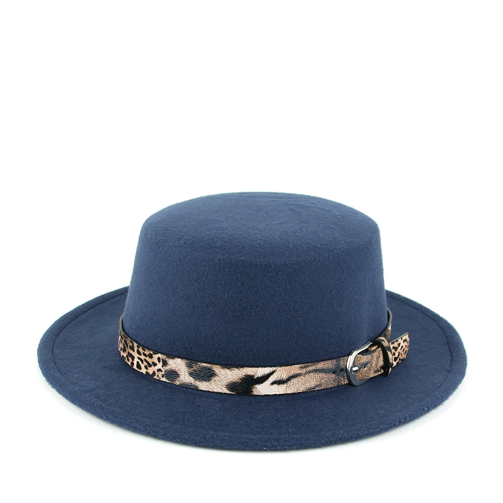 navy blue Женская Фетровая Шляпа Fedora, зимние шапки с широкими полями, Осенние леопардовые полосатые модные церковные женские шляпы с имитацией шерсти, Мужские фетровые шляпы - Цвет: navy blue
