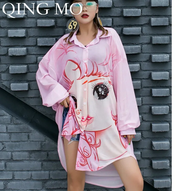 QING MO женская розовая блузка с мультяшным принтом женская необычная Повседневная стильная блузка милая блузка Весна ZQY1337