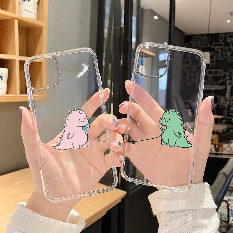 Милый прозрачный чехол для телефона с зеленым и розовым динозавром iPhone 13 12 11 Pro MAX